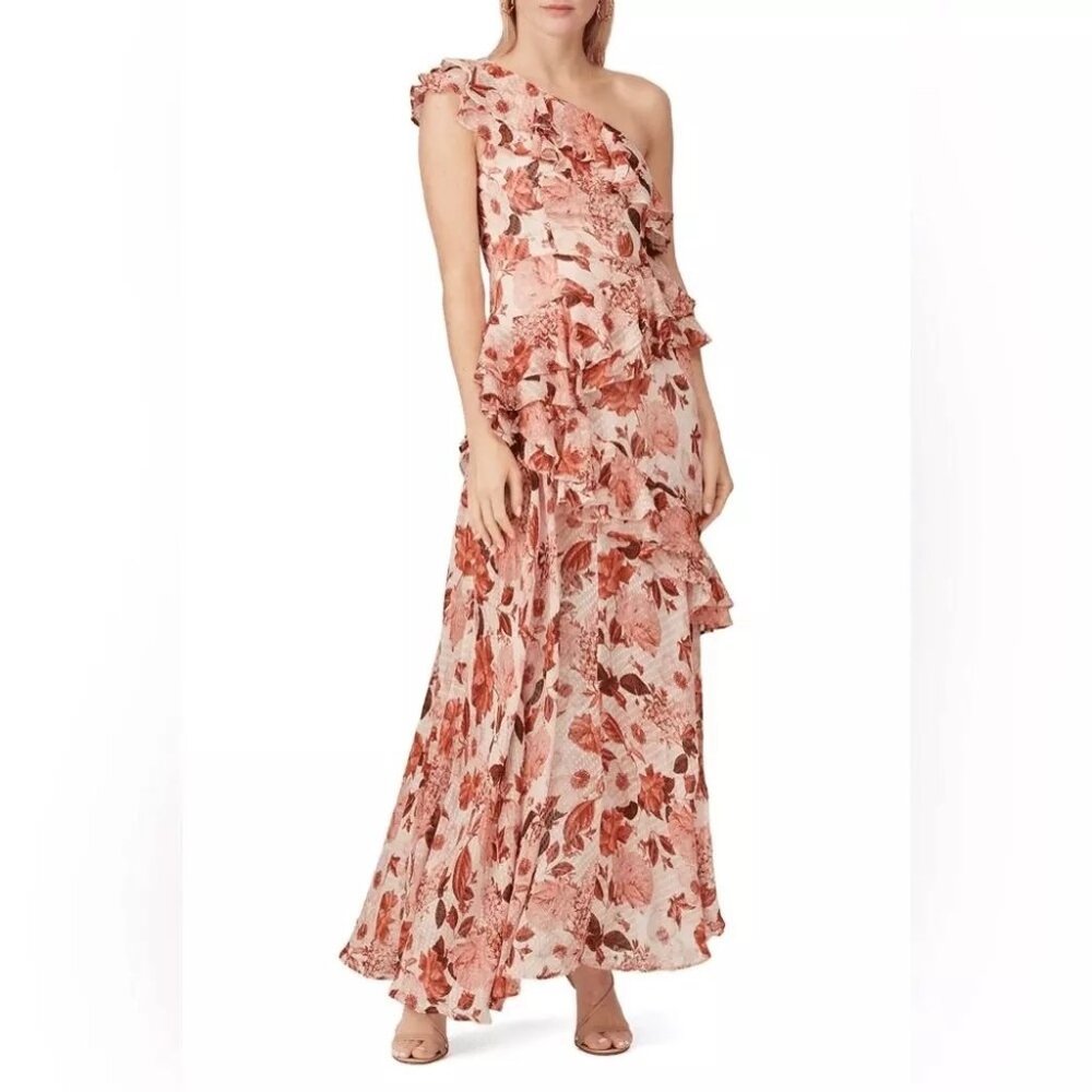 Thurley Venitian Nights Dress Asymmetrical One-Shoulder Floral Ruffle Maxi US 8